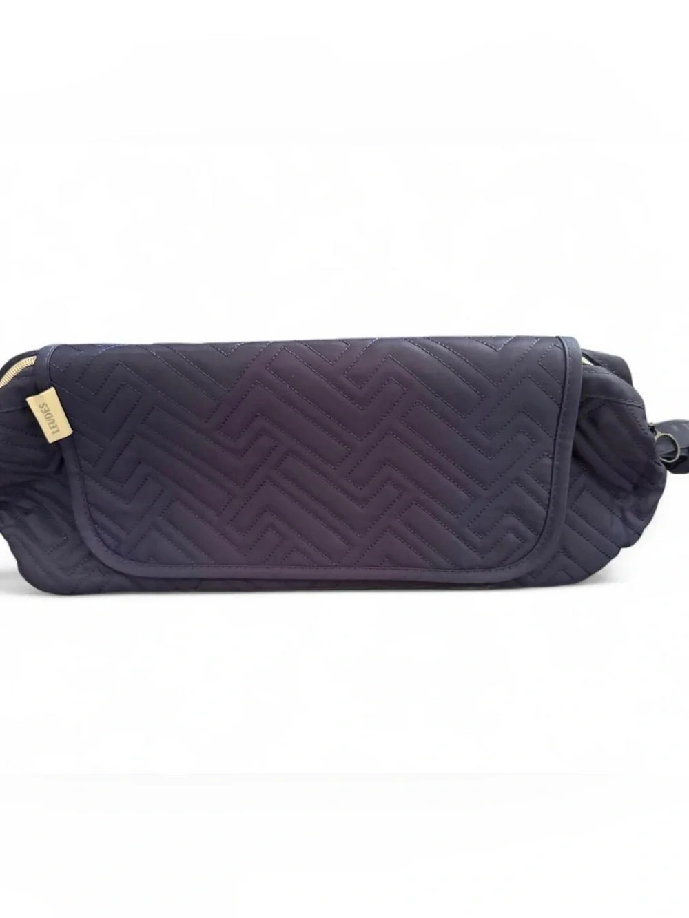 LEUDES navy blue quilted makeup/lingerie/hair tools bag with chevron pattern.EUC